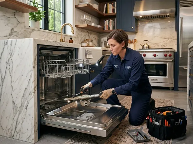 Appliance Repair Hero technician servicing a built-in dishwasher in a Bath, OH kitchen